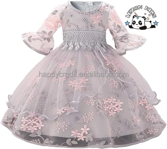LEZONKIDS - 2024 Hot Sale Lace Princess Wedding Baptism Dress Long Sleeve Formal Party Wear for Girl
